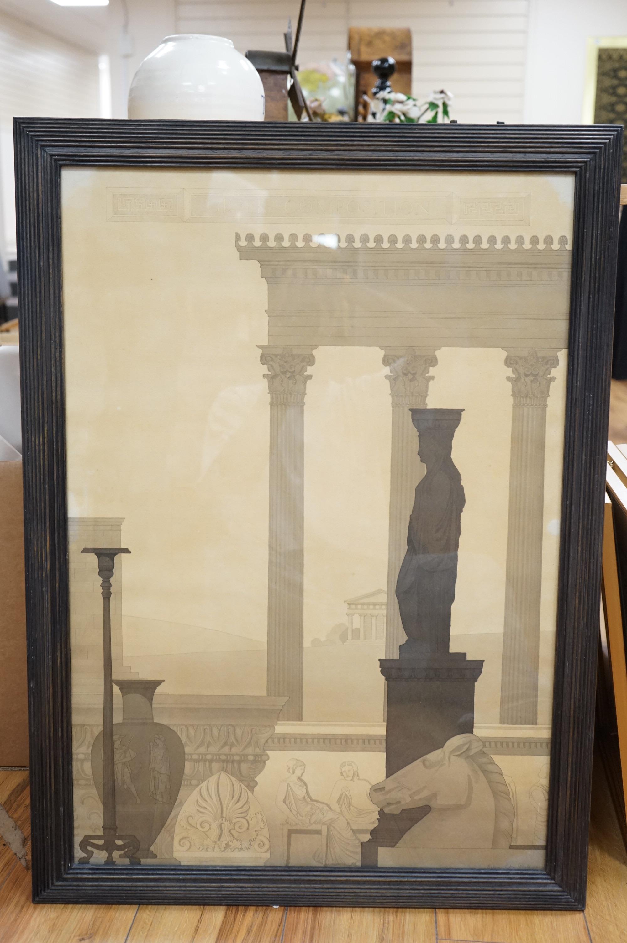 Eileen Phillips, Greek composition with classical columns and artefacts, signed, en grisaille watercolour, 72 x 50cm